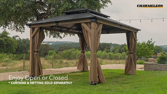 CHARMELEON 10'x12' Wood Gazebo,Patio Cedar Wood Gazebo with Mosquito Netting and Curtains, Galvanized Steel Hardtop Pavilion for Outdoor, Garden, Deck