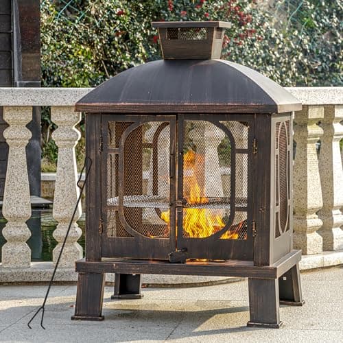 45" H×31''W Metal Chiminea Fire Pit with Grill, Wood Burning Fire Pits for Outside,Square Chimineas Fireplace with Mesh Spark Screen Door& Fire Poker for Garden,Yard,BBQ,Bonfire