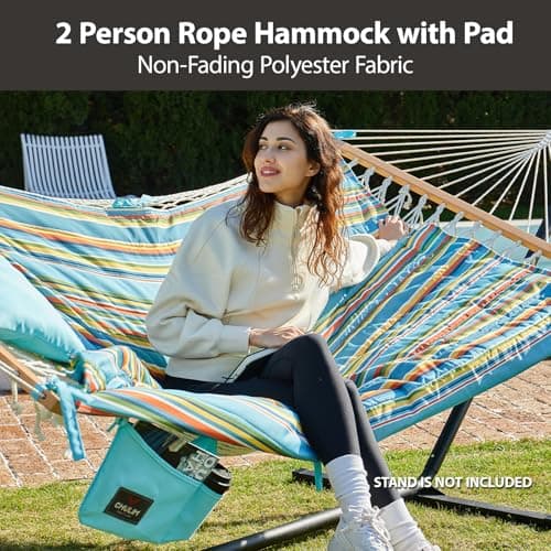 Outdoor Double Hammock with Hardwood Spreader Bars, Cotton Rope Hammock with Polyester Pad and Pillow, 475 LBS Capacity 2 Person Hammock, Large Hammock for Patio Backyard Poolside - Bule Stripe