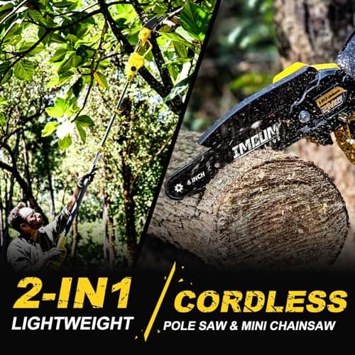 IMOUMLIVE 2-IN-1 Cordless Pole Saw & Mini Chainsaw, 21V 3.0Ah Battery Powered 6 Inch Electric Pole Chainsaw, 6.6 LB Lightweight, 15.2-Foot MAX Reach Pole Saw for Tree Trimming