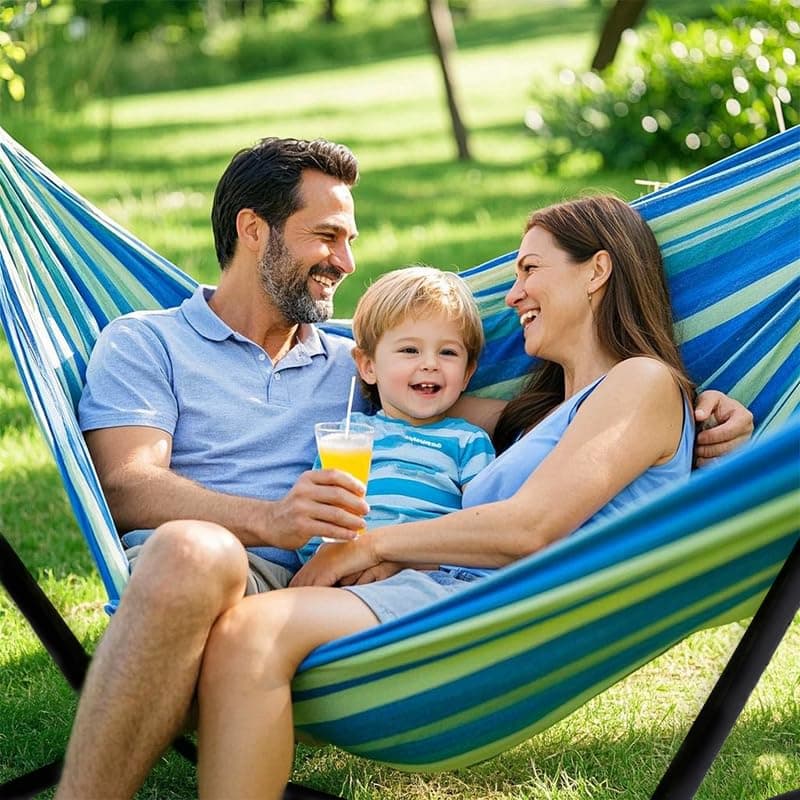 Double Hammock with Stand, 2 Person Hammock with Carrying Bag,Heavy Duty Portable,500 lb Capacity, Perfect for Both Indoors and Outdoors,Wide Blue