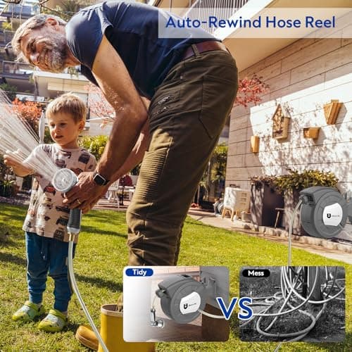 Retractable Garden Hose Reel, 1/2 in x 100 ft Wall Mounted Hose Reel, 10-Pattern Spray Nozzle, Any Length Lock/Slow Return System/Wall Mounted/180°Swivel Bracket