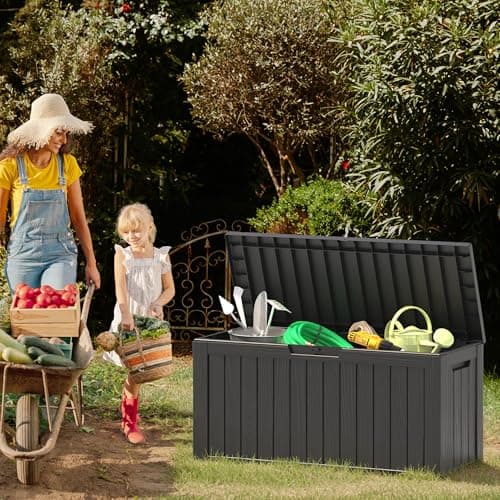 NUNU LAB 74 Gallon Outdoor Storage Box,Large Resin Sturdy Deck Box, Backyard Outside Storage Box Waterproof with Double Wall Panels,Package Delivery Garden Hose Storage Bin Outdoor Tool