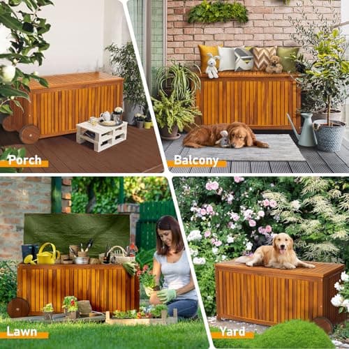 VINGLI 57 Gallon Wooden Outdoor Storage Box, Acacia Patio Storage Deck Box with Wheels, Outdoor Storage Bin Design with Water-Resistant Inner Bag, Garden Organizer Box for Indoors & Outdoors