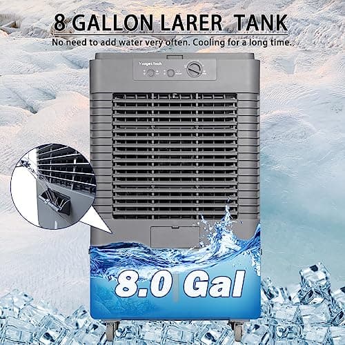 37" Evaporative Air Cooler 3000 CFM, 8 Gal Water Tank, 3 Speeds, Oscillating Cools up to 720 Sq. ft, Portable Industrial Swamp Water Cooler for Outdoor Commercial Factory - Gray