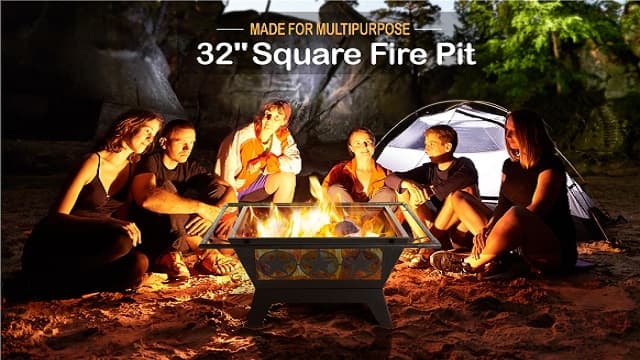 Yaheetech Fire Pit 32in Fire Pits for Outside Outdoor Fireplace Large Square Wood Burning Fire Pit Heavy Duty for Patio BBQ Camping Bonfire with Spark Screen, Mesh Cover, Poker