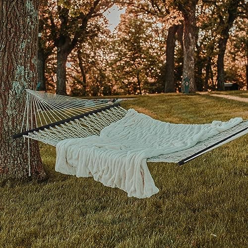 SZHLUX Double Rope Hammocks, Traditional Hand Woven Cotton Hammock with Hardwood Spreader Bar and Carrying Case for Outdoor, Indoor for Two Person, 450lb Weight Capacity