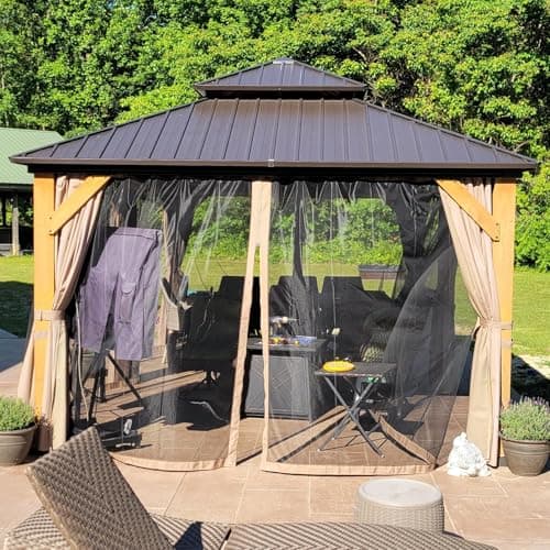 Domi 12' X 12' Wood Gazebo, Cedar Frame Hardtop Gazebo with Galvanized Steel Double Roof, Netting & Curtains, Patio Pergola Pavilion for Patio, Backyard, Deck, Lawns