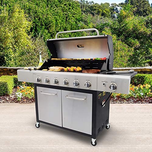 Kenmore 6-Burner Propane Gas BBQ Grill with Side Burner, 73,000 BTUs, Stainless Steel Cabinet Grill with Cast Iron Grates for Outdoor Cooking, Backyard BBQ, Patio, Large Parties