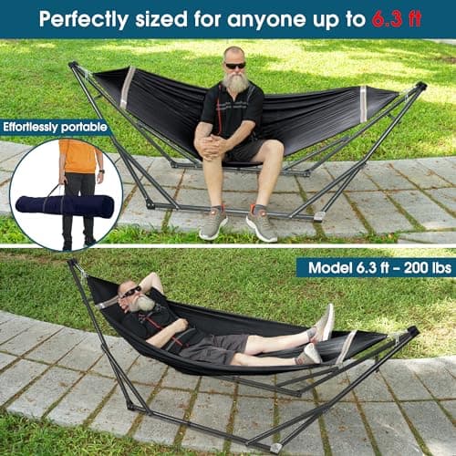 Tranquillo 600 lbs Capacity Adjustable Hammock Stand, Collapsible Camping Hammock and Stand, Steel Double Hammock Stand for 2 Persons, Portable Everywhere Easy Assembly Non-Slip and Noise-Free, Black