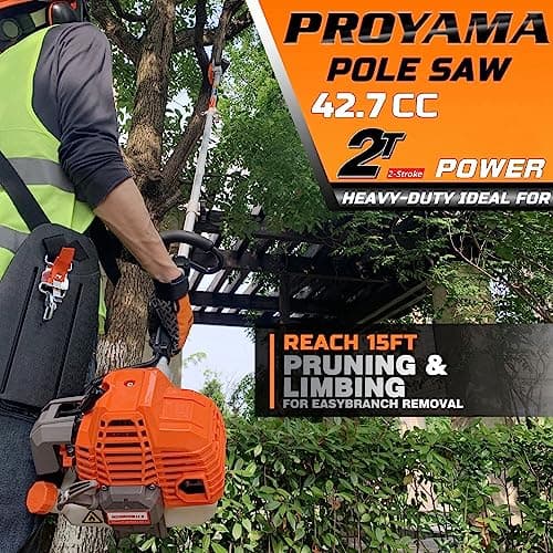 PROYAMA 90-180 Degree 42.7cc Head Adjustable Pole Chainsaw for Tree Trimming with 12 inch OREGON Cutting Bar & OREGON Chain 38-inch Extension for a 15ft Reach Gas Cordless Pole Saw
