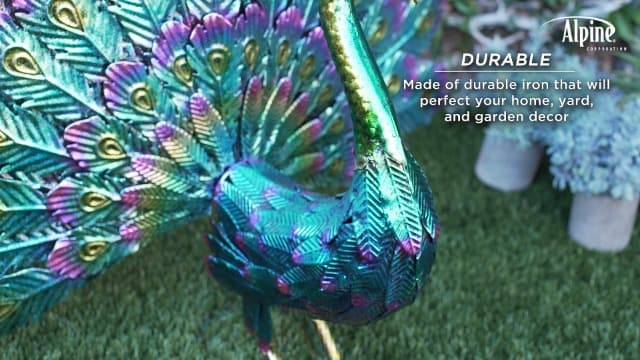 Alpine Corporation - 23" Tall Outdoor Metallic Peacock Tail Spread Yard Statue – Vibrant Garden Sculpture for Patio, Lawn, or Entryway (Multicolor)