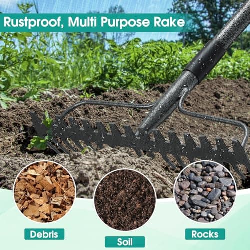 Rake, 49 Inch Garden Bow Rake with 17 Tines, Heavy Duty Raking Tool for Gardening Landscaping Loosening Soil Leveling Mulching Gravel Gathering Leaf Thatch Lawn Care