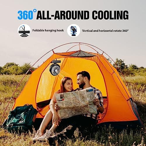 Portable Camping Fan with LED Lantern- 40H Work Time Rechargeable Battery Operated Fan with Hanging Hook for Tent Car RV Hurricane Emergency Outages Survival Kit