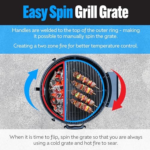 SnS Grills Original Kettle Charcoal Grill with Patented Slow 'N Sear Deluxe Insert and EasySpin Grate for Two-Zone Cooking, Low ‘N Slow Smoking and BBQing - Black 22-Inch