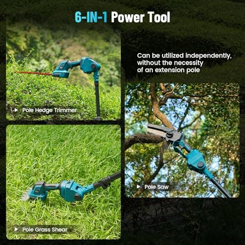 Seesii 6-in-1 Cordless Pole Saw and Pole Hedge Trimmer Grass Shears Combo Kit, Electric Mini Chainsaw with 2*4.0 Ah Batteries, Extension Tree Prunner, Bush Trimmer Limb Branch Cutter, 16ft Long Reach