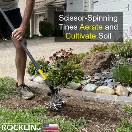 Rocklin Rotary Cultivator Tool - 60” Extra Long Handle - Aluminum Tines - Light Duty - for Softer Soils and Lawns - Also Great for Raised Bed Cultivating