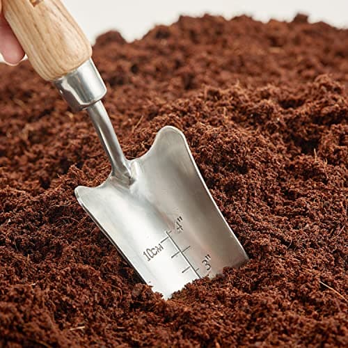 Transplant Trowel with Measurements, Garden Stainless Steel Potting Hand Trowel with Wooden Handle, Small Garden Hand Shovel Transplanter Tool for Planting Digging Transplanting Gardening