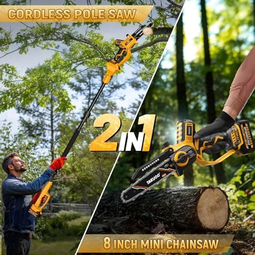 2-IN-1 Cordless 8 Inch Pole Saw & Mini Chainsaw, 21V 2×4.0Ah Battery Powered Polesaw, 15FT Max Reach, Brushless Electric Chain Saw with Extension Pole for Tree Branches Pruning, Wood Cutting
