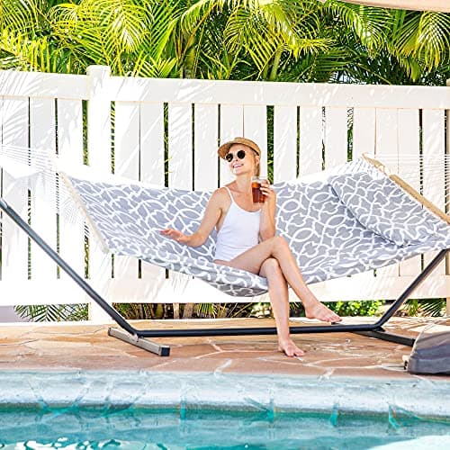 SUNCREAT 55 Inch Extra Large Double Hammock with Stand, 475lbs Capacity, Outdoor Portable Hammock with Hardwood Spreader Bar, Extra Large Pillow, Grey