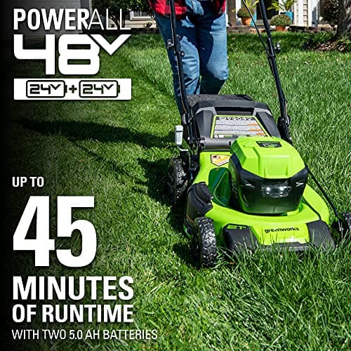 Greenworks 48V (2 x 24V) 21" Brushless Cordless (Self-Propelled) Lawn Mower (LED Headlight), (2) 5.0Ah Batteries and Dual Port Rapid Charger Included (125+ Compatible Tools)