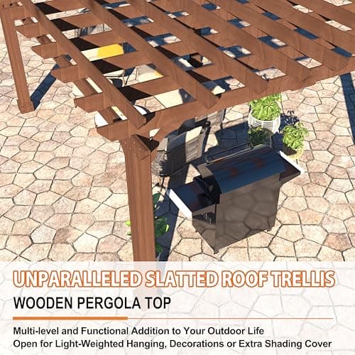 12x14 FT Wooden Pergola with Flat Roof, Cedar Wood Gazebo with Stakes Included, Outdoor Garden Shelter for Patio, Deck, Backyard, Lawn
