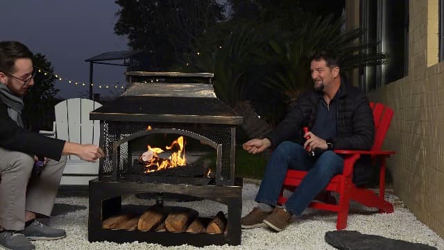 Red Mountain Valley 37" Fire Pits with Wood Storage for Outside, Large Wood Burning Outdoor Fireplace with Chimney, Mesh Spark Screen & Fire Poker, Idea for Backyard, Patio, Party, Camping, Picnic