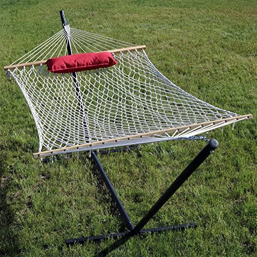 Sunnydaze Rope Hammock with Stand Combo - 275-Pound Capacity - Includes 12-Foot Hammock Stand, Spreader Bar, Pad, and Pillow - Modern Lines