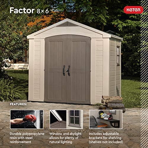Keter Factor 8x6 Large Resin Outdoor Storage Shed for Patio Furniture, Lawn Mower, Garden Accessories Yard Tools, and Pool Toys, Taupe