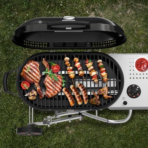 Portable Propane Gas Grill,15,000 BTU BBQ Grill with Top Cover Lid, 406 sq.in. Grilling Areas, 2 Wheels, Built-in Thermometer, Barbecue Gas Grill for Patio,Party,Black