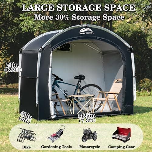 Happy Travel Bike Storage Shed Tent,Outdoor Portable Bicycle Storage Sheds with 210D Oxford Fabric PU4000 Waterproof for 2/3/4/6/8 Bikes,Bike Covers Shelter for Motorcycle,Garden Tools,Toys,Lawn Mower