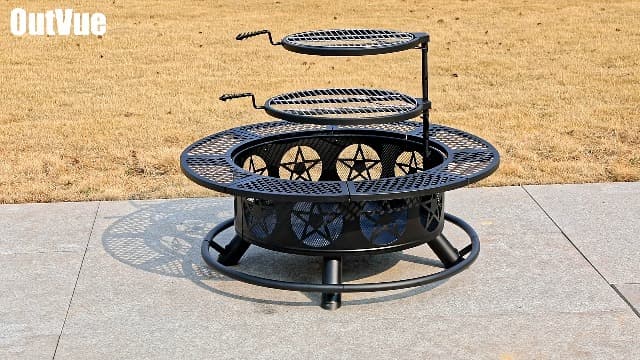 36 Inch Fire Pit with 2 Grills, Wood Burning Fire Pits for Outside with Lid & Poker, BBQ& Outdoor Firepit & Round Metal Table 3 in 1 for Patio, Picnic, Party