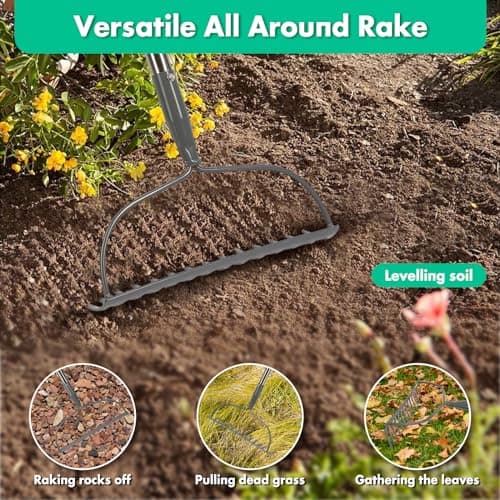 Rake, 60 Inch Garden Bow Rake with 14 Tines, Heavy Duty Stainless Steel Raking Tool for Gardening Landscaping Loosening Soil Leveling Mulching Gravel Gathering Leaf Thatch Lawn Care