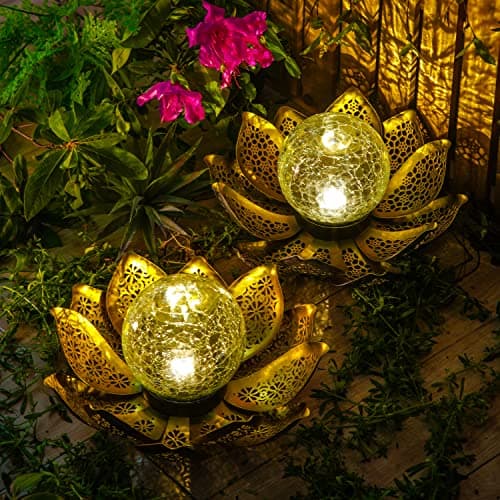 DUSVALLY Lotus Solar Globe LED Light Garden Decoration, Outdoor IP65-Waterproof Crack Glass Hollow Out Retro Silver Metal Light for Patio & Lawn & Pathway Landscape, 12" * 6"