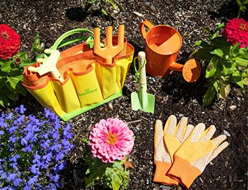 Gardening Set, Tool Kit, for Kids, STEM, Includes Tote Bag, Spade, Watering Can, Rake, Fork, Trowel and Gloves (Sunshine)