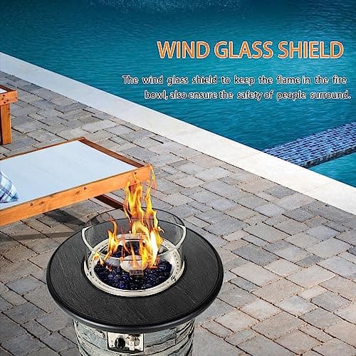 Outdoor Gas Propane Fire Pit Table, Round Porcelain Tile Top 22" Fire Bowl Column W/ 40,000 BTU Firepit Table Auto-Ignition 400D Cover Glass Rocks for Outside Patio