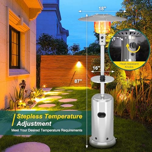Stainless Steel Propane Patio Heater,48000BTU Outdoor Gas Heater with Ignition Systems and Wheels, Deck Heater for Backyard Garden Restaurant Cafes,Double-Layer Burner,Cover Up 200 Sq.ft