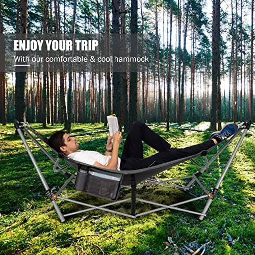 Portable Folding Hammock w/Side Pocket, Lounge Camping Bed w/Metal Stand & Anti-tip Buckles, Outdoor Camping Hammock with Carrying Bag for Patio Garden Yard, Easy Assembly (Grey)
