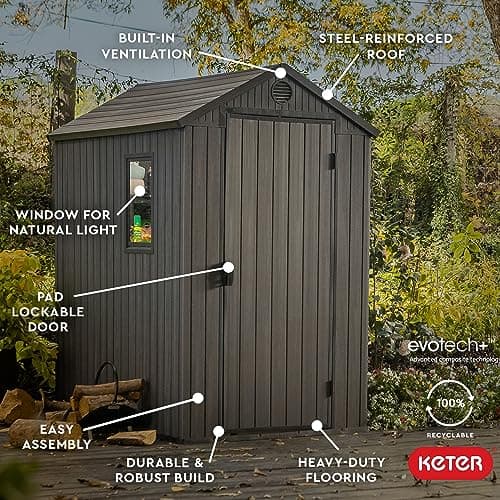 Keter Outdoor Storage Tool Shed for House, Lawn & Garden, 4x6’ Darwin, Graphite