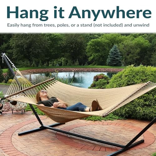 Sunnydaze Soft-Spun Polyester Rope Double Hammock for Outside - 600-Pound Weight Capacity Extra Large Hammock - Tan