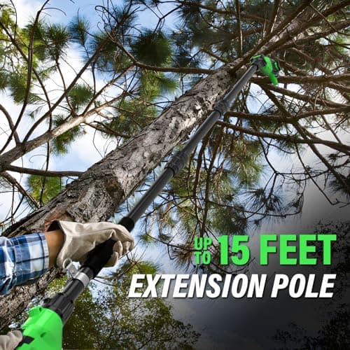 SOYUS Pole Saw 8-Inch Cordless and 18-Inch Pole Hedge Trimmer 2-in-1, 15-Foot Max Reach Pole Saw for Tree Trimming, 16ft/s Speed, Auto Oiling, Multi-Angle Pole Chainsaw with 2.0Ah Battery & Charger
