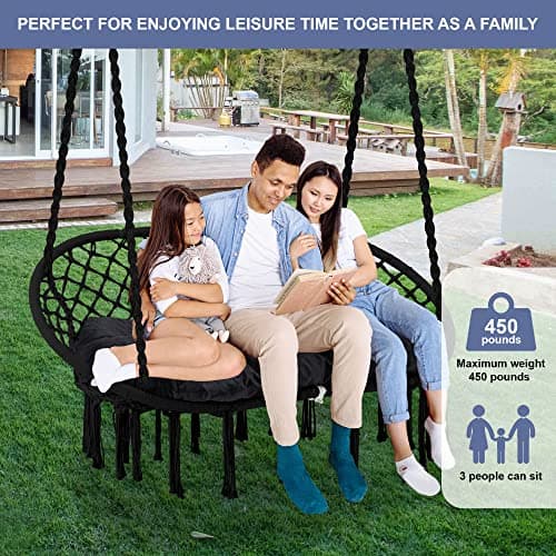 Hammock Chair Macrame Hanging Swing with Cushion,Hanging Cotton Ropes, Metal Frame, 450 lbs Capacity Indoor Outdoor, Patio, Balcony, Living,Deck, Yard, Garden(Double Swing)