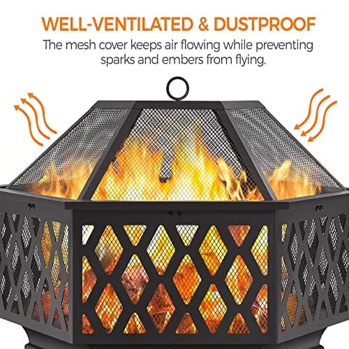 Yaheetech 28in Hex Shaped Fire Bowl - Large Wood Burning Outdoor Fire Pit with Spark Screen & Poker for Bonfire, Picnic, BBQ