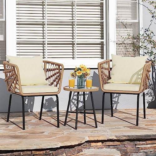 YITAHOME Wicker 3-Piece Outdoor Bistro Set, All-Weather Patio Conversation Set for Balcony, Backyard, Pool, Porch, Deck, Outdoor Sectional Furniture Set with Table & Cushions - Beige