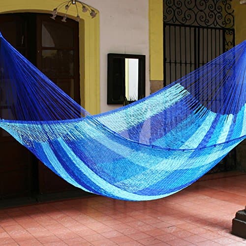 NOVICA Multicolor Sky Blue Striped Hand Woven Nylon Mayan 1 Person Rope Hammock, Blue Caribbean' (Single)