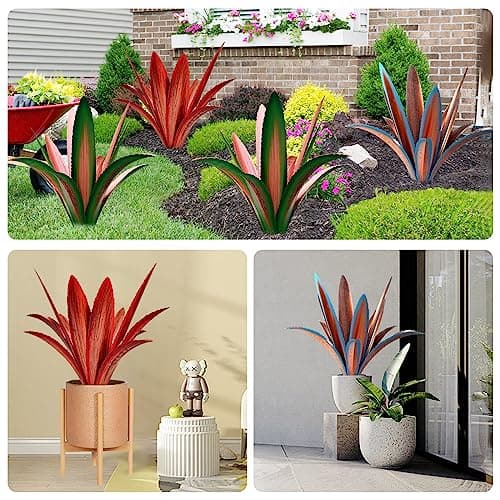 Enlarge Thickened Wind Resistant Metal Agave Garden Art Metal Plant Country Garden Sculpture Statue Outdoor Decoration Agave Metal Plant Courtyard Garden Lawn Ornament Gift (1, 12 Leaves red)