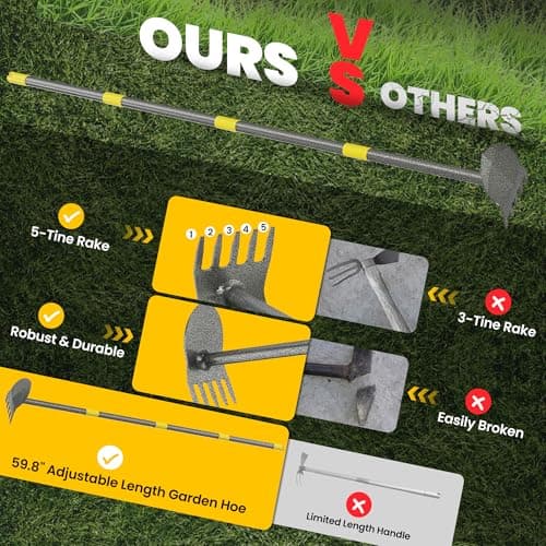 Hoe Garden Tools, Pointed Hoe for Weeding, Iron Tines for Loosening Soil, Hoe Cultivator 2 in 1 Manual Garden Tools, 17-60 Inch Long Handle Heavy Duty Garden Hoe, Black