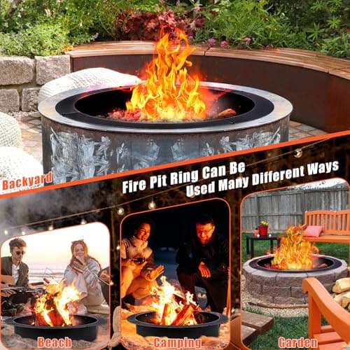 QuliMetal 36-Inch Steel Fire Pit Ring Insert, DIY Campfire Ring Above or In-Ground, Black