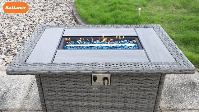 60000 BTU Wicker Gas Fire Pit Outdoor Fire Pit Table 45 Inch Fire Pits for Outside with Woodgrain Marble Tabletop Fire Pit Cover and Blue Crystal Beads