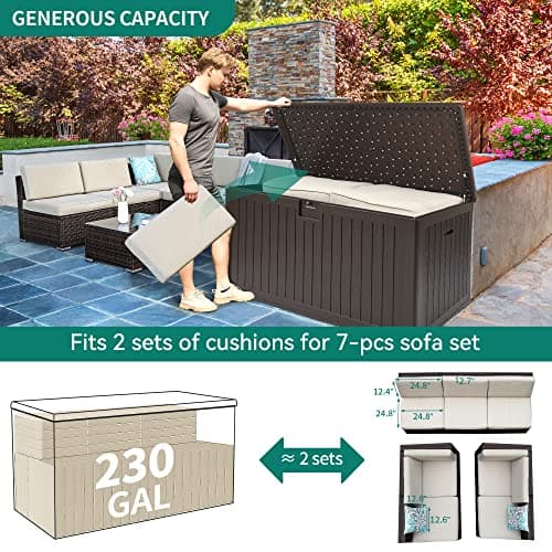 YITAHOME 230 Gallon Double-Wall Deck Box with Divider & Side Handles, Outdoor Large Storage for Patio Furniture Cushions, Garden Pool Accessories, Water Resistant & Lockable
